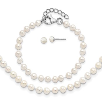 "Sterling Silver Rhodium-plated 4-5mm White Semi-Round Freshwater Cultured Pearl 14 inch Necklace, 5 inch Bracelet and Post Earrings Set"