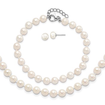 "Sterling Silver Rhodium-plated 6-7mm White Semi-Round Freshwater Cultured Pearl 18 inch with 2 inch Extension Necklace, 7 inch Bracelet and Button Post Earrings Set"