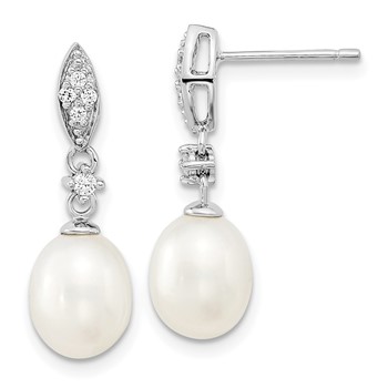 Sterling Silver Rhodium-plated 8-9mm White Teardrop Freshwater Cultured Pearl and CZ 17 inch Necklace and Post Dangle Earrings Set — alternate view