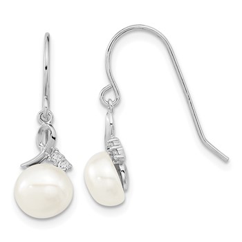 Sterling Silver Rhodium-plated 7-8mm White Semi-Round Freshwater Cultured Pearl and CZ 17 inch Necklace and Dangle Earrings Set — alternate view