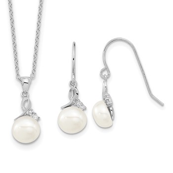 Sterling Silver Rhodium-plated 7-8mm White Semi-Round Freshwater Cultured Pearl and CZ 17 inch Necklace and Dangle Earrings Set