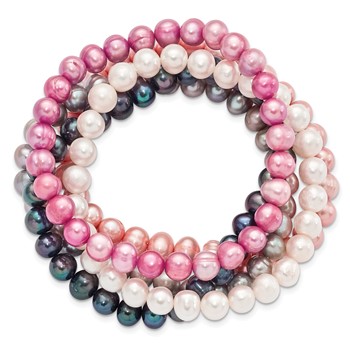 "6-7mm White, Grey, Black, Pink and Purple Semi-Round Freshwater Cultured Pearl 5-piece Stretch Bracelet Set " — alternate view