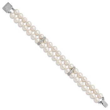 Sterling Silver Rhodium-plated 7-8mm White Near-round Freshwater Cultured Pearl and CZ 2-Strand 7 inch Bracelet — alternate view