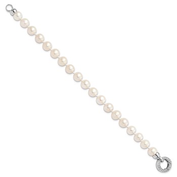 Sterling Silver Rhodium-plated 9-10mm White Near-Round Freshwater Cultured Pearl and CZ Fancy 7.5 inch Bracelet — alternate view