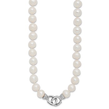Sterling Silver Rhodium-plated 9-10mm White Near-Round Freshwater Cultured Pearl and CZ Clasp Adjustable 18 inch Necklace — alternate view