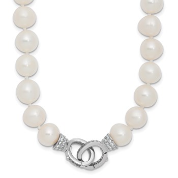 Sterling Silver Rhodium-plated 9-10mm White Near-Round Freshwater Cultured Pearl and CZ Clasp Adjustable 18 inch Necklace