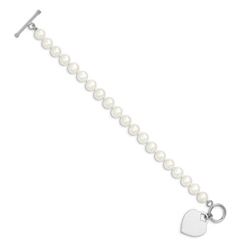 Sterling Silver Rhodium-plated 8-9mm White Near-Round Freshwater Cultured Pearl Heart Toggle 7.5 inch Bracelet — alternate view