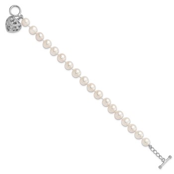 Sterling Silver Rhodium-plated 8-9mm White Near-Round Freshwater Cultured Pearl Heart Toggle 7.5 inch Bracelet — alternate view