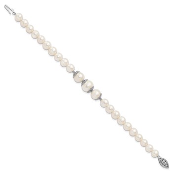 Sterling Silver Rhodium-plated 7-10mm White Near-Round Freshwater Cultured Pearl Fancy 7 inch Bracelet — alternate view