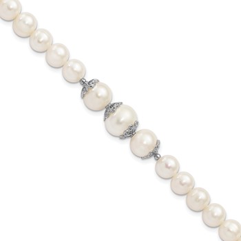 Sterling Silver Rhodium-plated 7-10mm White Near-Round Freshwater Cultured Pearl Fancy 7 inch Bracelet