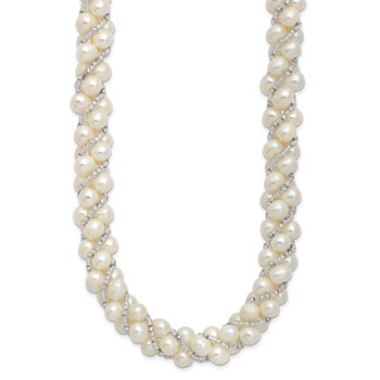 Sterling Silver Rhodium-plated 6-7mm White Near-Round Pearl and Glass Beaded Twisted 18 inch Necklace — alternate view