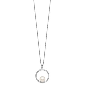Sterling Silver Rhodium-plated 8-9mm White Button Freshwater Cultured Pearl and CZ 17 inch Necklace — alternate view