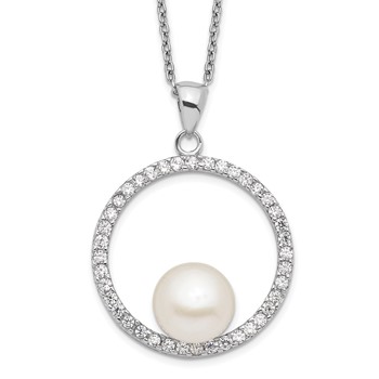 Sterling Silver Rhodium-plated 8-9mm White Button Freshwater Cultured Pearl and CZ 17 inch Necklace
