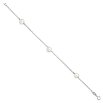 Sterling Silver Rhodium-plated 7-8mm White Semi-Round Freshwater Cultured Pearl 3-Station 7.5 inch Bracelet — alternate view