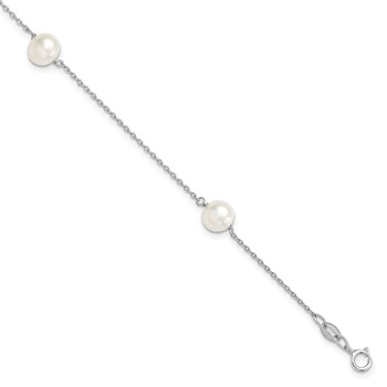 Sterling Silver Rhodium-plated 7-8mm White Semi-Round Freshwater Cultured Pearl 3-Station 7.5 inch Bracelet