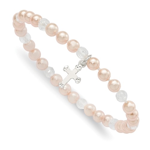Sterling Silver Cross and Pink Shell Bead & Crystal 45mm Stretch Bracelet