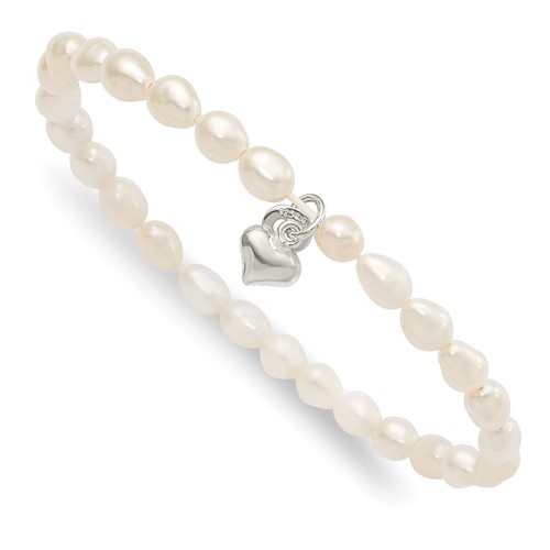 Sterling Silver Heart and Polished FWC Pearl 45mm Stretch Bracelet