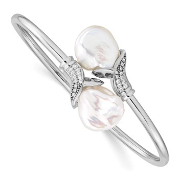 Sterling Silver Rhodium-plated 16-17mm White Keshi Freshwater Cultured Pearl and CZ Flexible Bangle