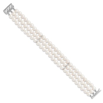 Sterling Silver Rhodium-plated 6-7mm White Near-Round Freshwater Cultured Pearl 3-Strand 7.5 inch Bracelet — alternate view