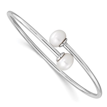 Sterling Silver Rhodium-plated 9-10mm White Freshwater Cultured Pearl Flexible Cuff Bangle