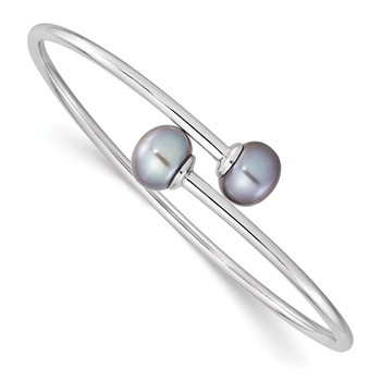 Sterling Silver Rhodium-plated 9-10mm Grey Button Freshwater Cultured Pearl Flexible Cuff Bangle