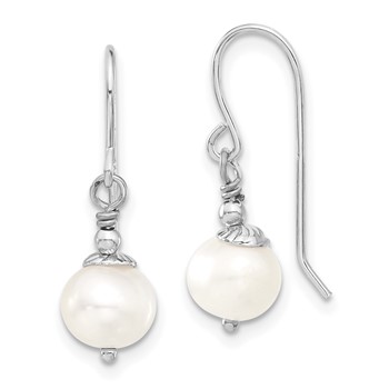 Sterling Silver Rhodium-plated 7-8mm White Semi-Round Freshwater Cultured Pearl 18 inch Necklace and Dangle Earrings Set — alternate view
