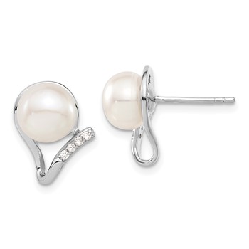Sterling Silver Rhodium-plated 8-10mm White Button Freshwater Cultured Pearl and CZ 17 inch and Post Earrings Set — alternate view