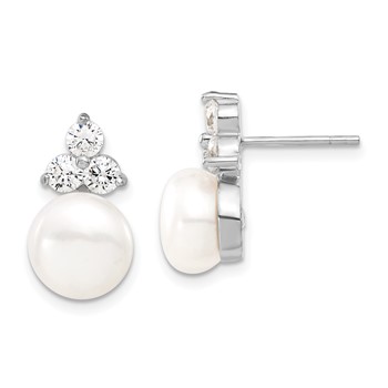 Sterling Silver Rhodium-plated 9-10mm White Button Freshwater Cultured Pearl and CZ 17 inch and Post Earrings Set — alternate view