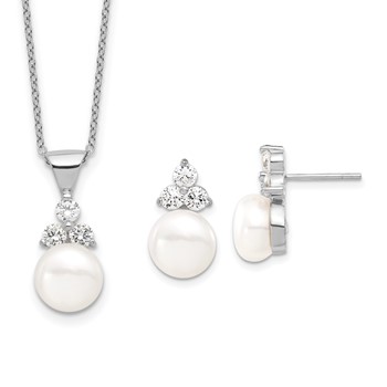 Sterling Silver Rhodium-plated 9-10mm White Button Freshwater Cultured Pearl and CZ 17 inch and Post Earrings Set