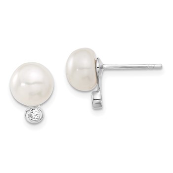Sterling Silver Rhodium-plated 8-9mm White Button Freshwater Cultured Pearl and CZ 17 inch Necklace and Post Earrings Set — alternate view