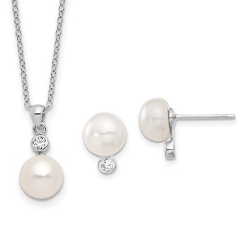 Sterling Silver Rhodium-plated 8-9mm White Button Freshwater Cultured Pearl and CZ 17 inch Necklace and Post Earrings Set