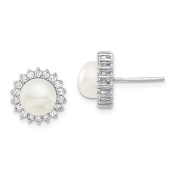 Sterling Silver Rhodium-plated 8-9mm White Button Freshwater Cultured Pearl and CZ 17 inch Necklace and Post Earrings Set — alternate view