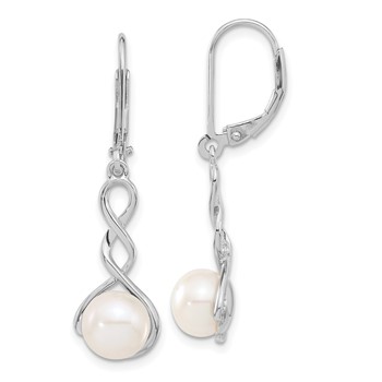 Sterling Silver Rhodium-plated 8-9mm White Button Freshwater Cultured Pearl 17 inch Necklace and Leverback Dangle Earrings Set — alternate view