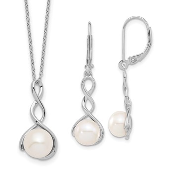 Sterling Silver Rhodium-plated 8-9mm White Button Freshwater Cultured Pearl 17 inch Necklace and Leverback Dangle Earrings Set