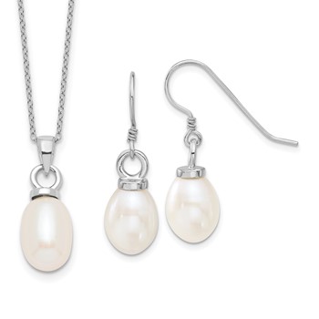 Sterling Silver Rhodium-plated 10-11mm White Teardrop Freshwater Cultured Pearl 17 inch Necklace and Dangle Earrings Set
