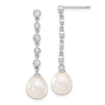Sterling Silver Rhodium-plated 8-9mm White Teardrop Freshwater Cultured Pearl and CZ 17 inch Necklace and Post Dangle Earrings Set — alternate view