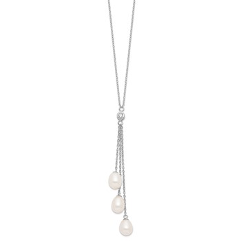 Sterling Silver Rhodium-plated 7-8mm White Teardrop Freshwater Cultured Pearl and CZ Drop 18 inch Necklace — alternate view