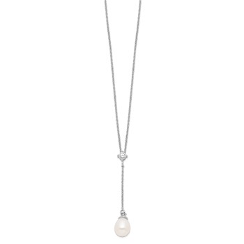 Sterling Silver Rhodium-plated 8-9mm White Teardrop Freshwater Cultured Pearl and CZ Drop 18 inch Necklace — alternate view