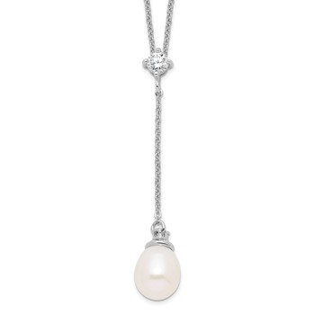 Sterling Silver Rhodium-plated 8-9mm White Teardrop Freshwater Cultured Pearl and CZ Drop 18 inch Necklace