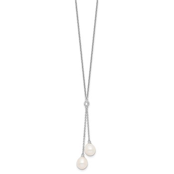 Sterling Silver Rhodium-plated 8-9mm White Rice Freshwater Cultured Pearl and CZ Dangle 18 inch Necklace — alternate view