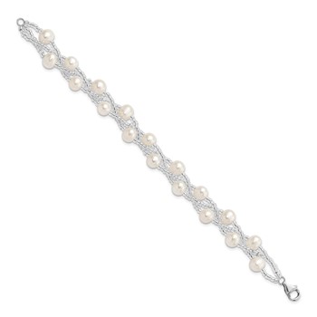 Sterling Silver Rhodium-plated 7-9mm White Semi-Round Freshwater Cultured Pearl and Glass Beaded Multi-strand 7.5 inch Bracelet — alternate view