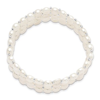 6-7mm White Button Freshwater Cultured Pearl and Glass Beaded 3-row Stretch Bracelet — alternate view