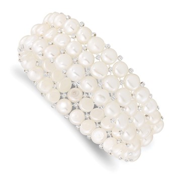6-7mm White Button Freshwater Cultured Pearl and Glass Beaded 3-row Stretch Bracelet