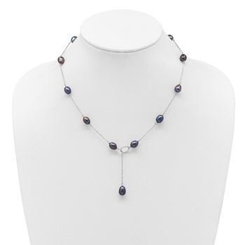 Sterling Silver Rhodium-plated 7-8mm Black Teardrop Freshwater Cultured Pearl 13-Station Adjustable Drop Toggle 19 inch Necklace — alternate view