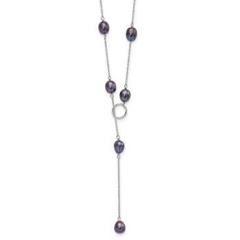 Sterling Silver Rhodium-plated 7-8mm Black Teardrop Freshwater Cultured Pearl 13-Station Adjustable Drop Toggle 19 inch Necklace