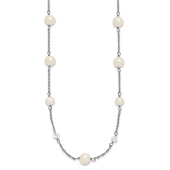 Sterling Silver Rhodium-plated 6-10mm White Near-Round Freshwater Cultured Pearl and Glass 5-Station 17.5 inch with 2.5 inch Extension Necklace — alternate view