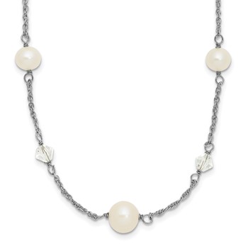 Sterling Silver Rhodium-plated 6-10mm White Near-Round Freshwater Cultured Pearl and Glass 5-Station 17.5 inch with 2.5 inch Extension Necklace