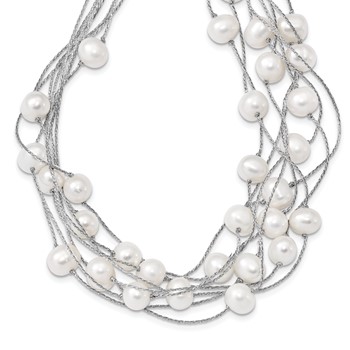 Sterling Silver Rhodium-plated 8-10mm White Semi-Round Freshwater Cultured Pearl Multi Strand 18 inch Necklace
