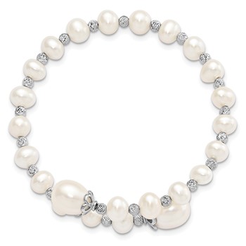 Sterling Silver Rhodium-plated 6-9mm White Teardrop and Near-Round Freshwater Cultured Pearl with Diamond-cut Beaded Wrap Flexible Bangle — alternate view