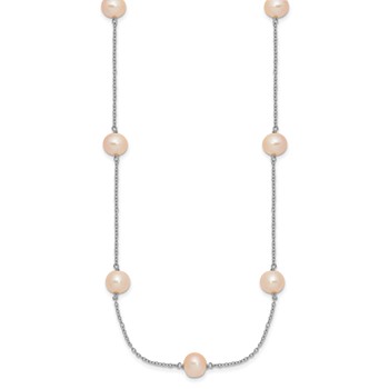 Sterling Silver Rhodium-plated 7-8mm Pink Semi-Round Freshwater Cultured Pearl 9-Station 18 inch Necklace — alternate view